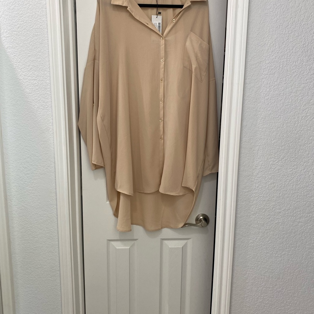 Boohoo Plus Tan Oversized Button Down Shirt